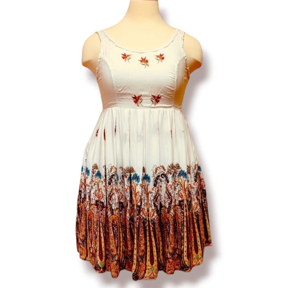 Fervour ModCloth White Embroidered Paisley Fit Flare Dress Boho Cottagecore 1X